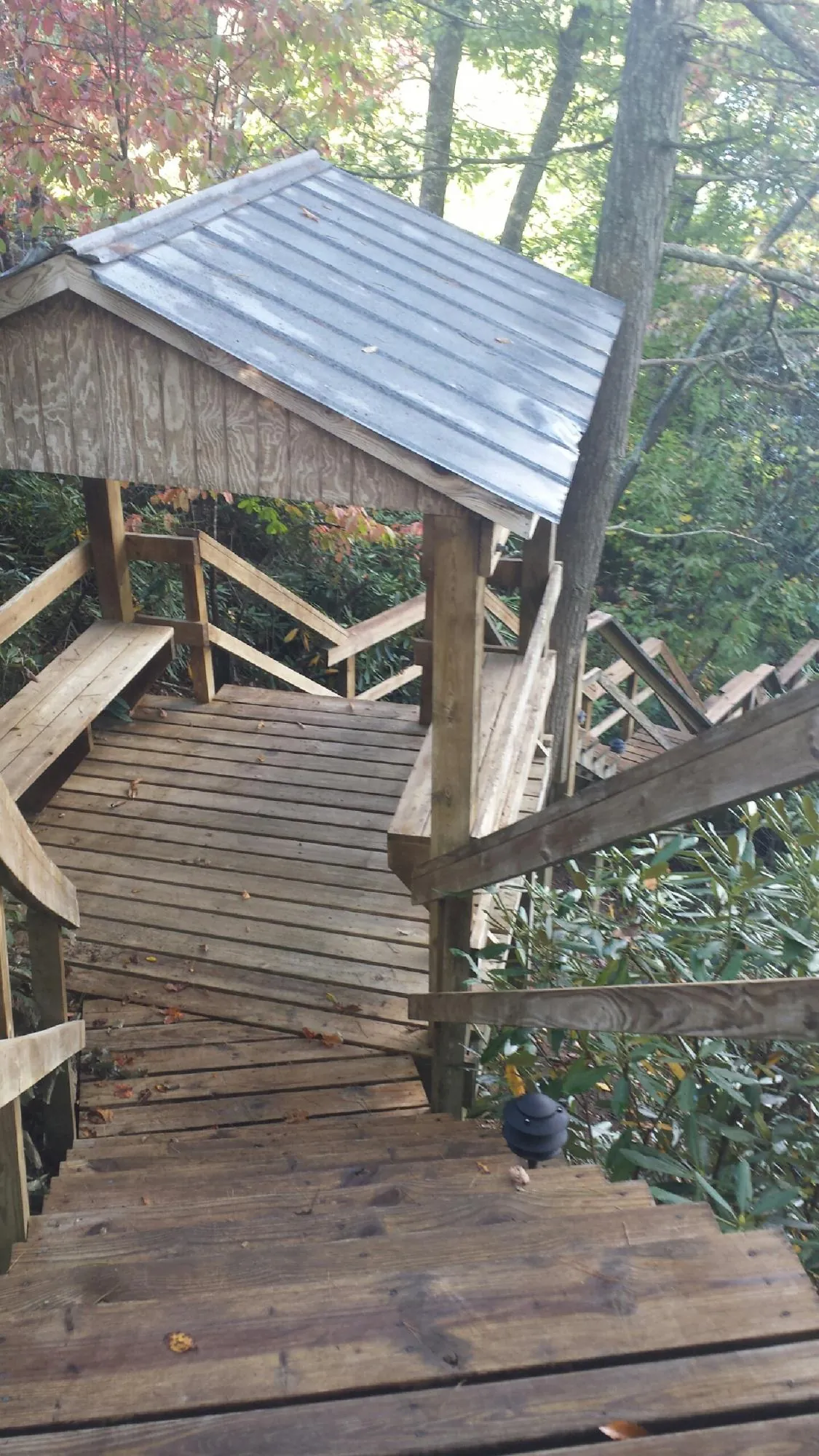 Metal roofed shelter over wooden steps on a wooded walkway — Skylight Repair & Installation work by our crew in Harper Woods
